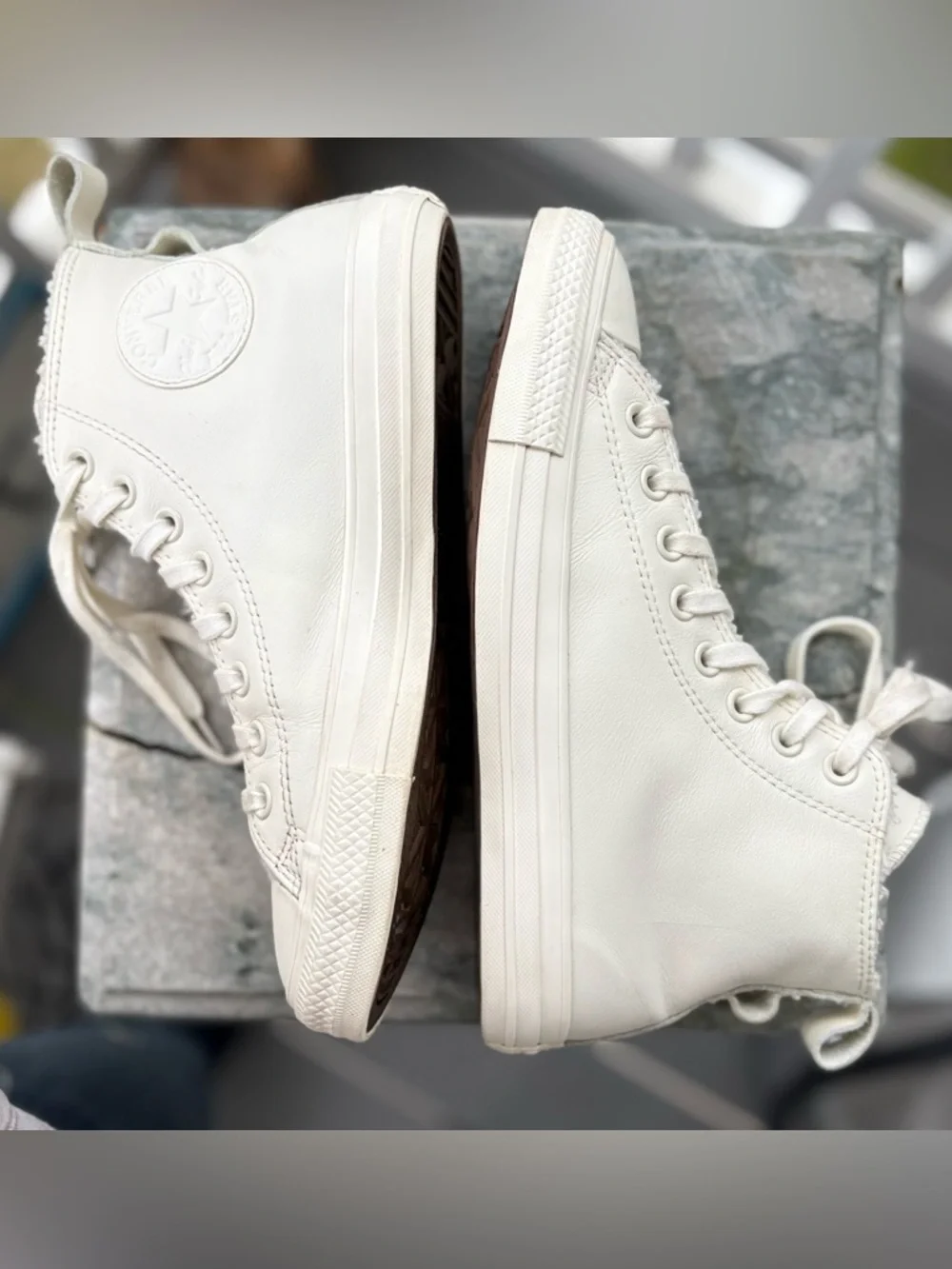 Converse White Leather High Top Sneakers w/ Sherpa Lining Cozy Clean - Picture 2 of 7